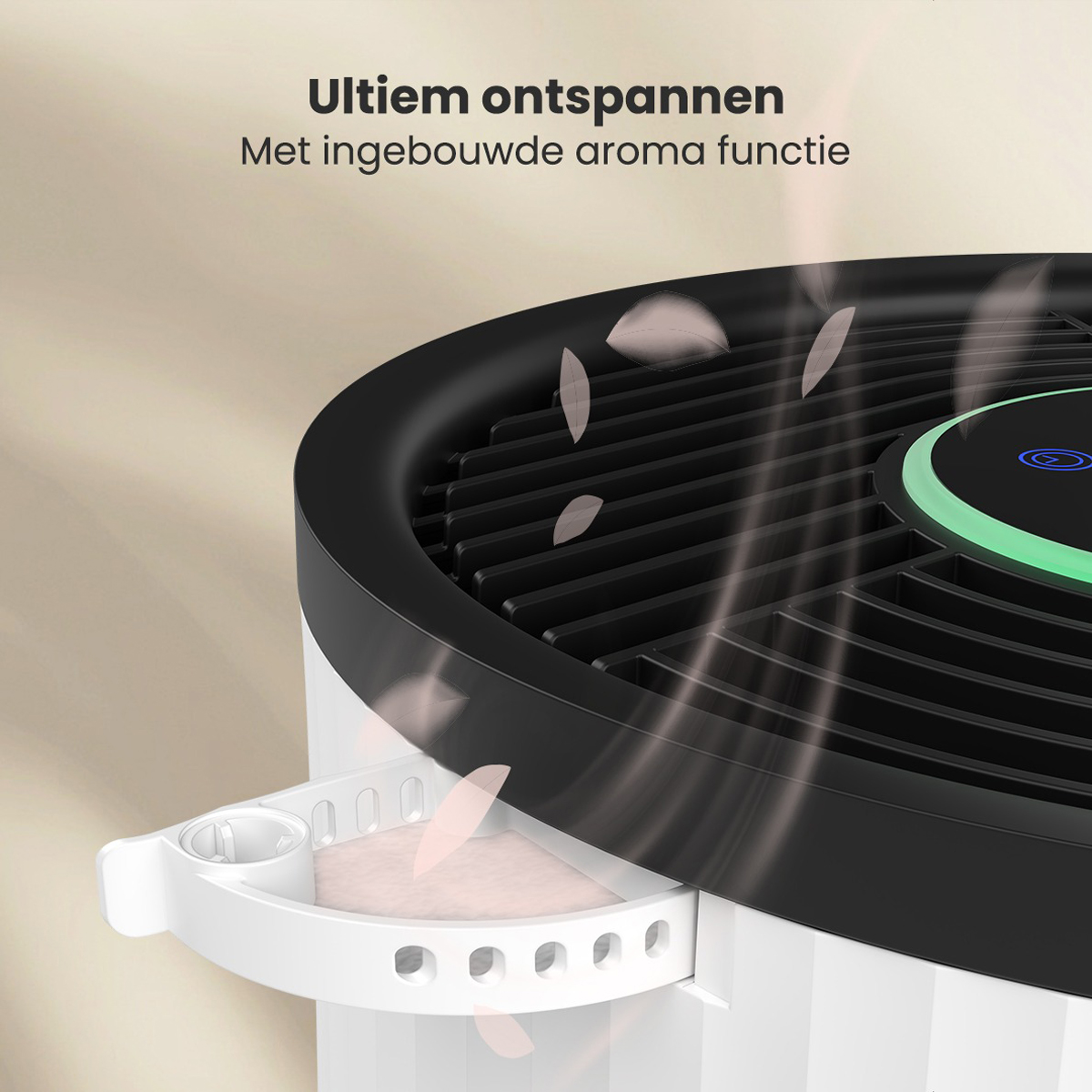 Air purifier with an aroma function, showing petals coming out of the device.