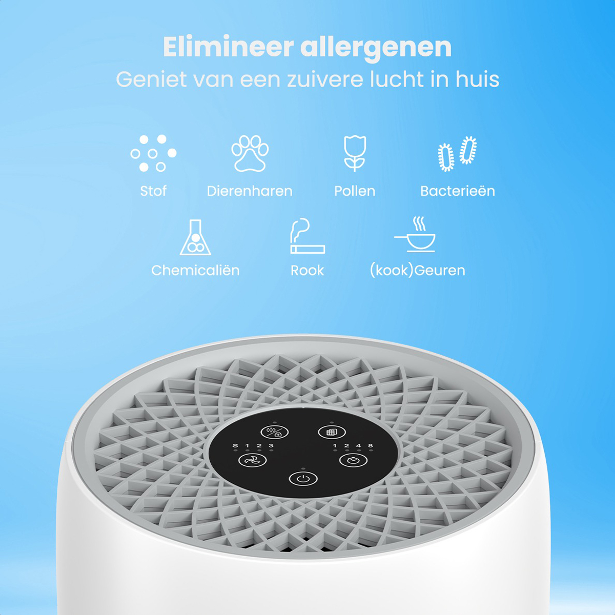 Air purifier with control panel, icons, and text: Eliminate allergens, enjoy pure air at home.
