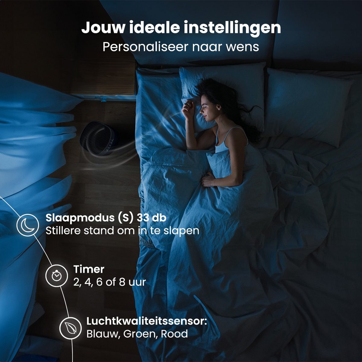 Scène de chambre avec une femme endormie. Le purificateur d'air est dans le coin, avec des options de contrôle.
