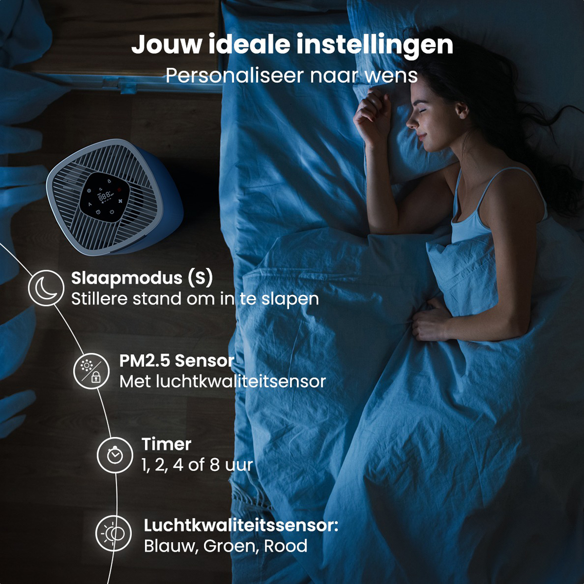 Eine Frau schläft im Bett mit einem Luftreiniger. Der Luftreiniger hat Einstellungen für Schlaf, Timer und Luftqualität.