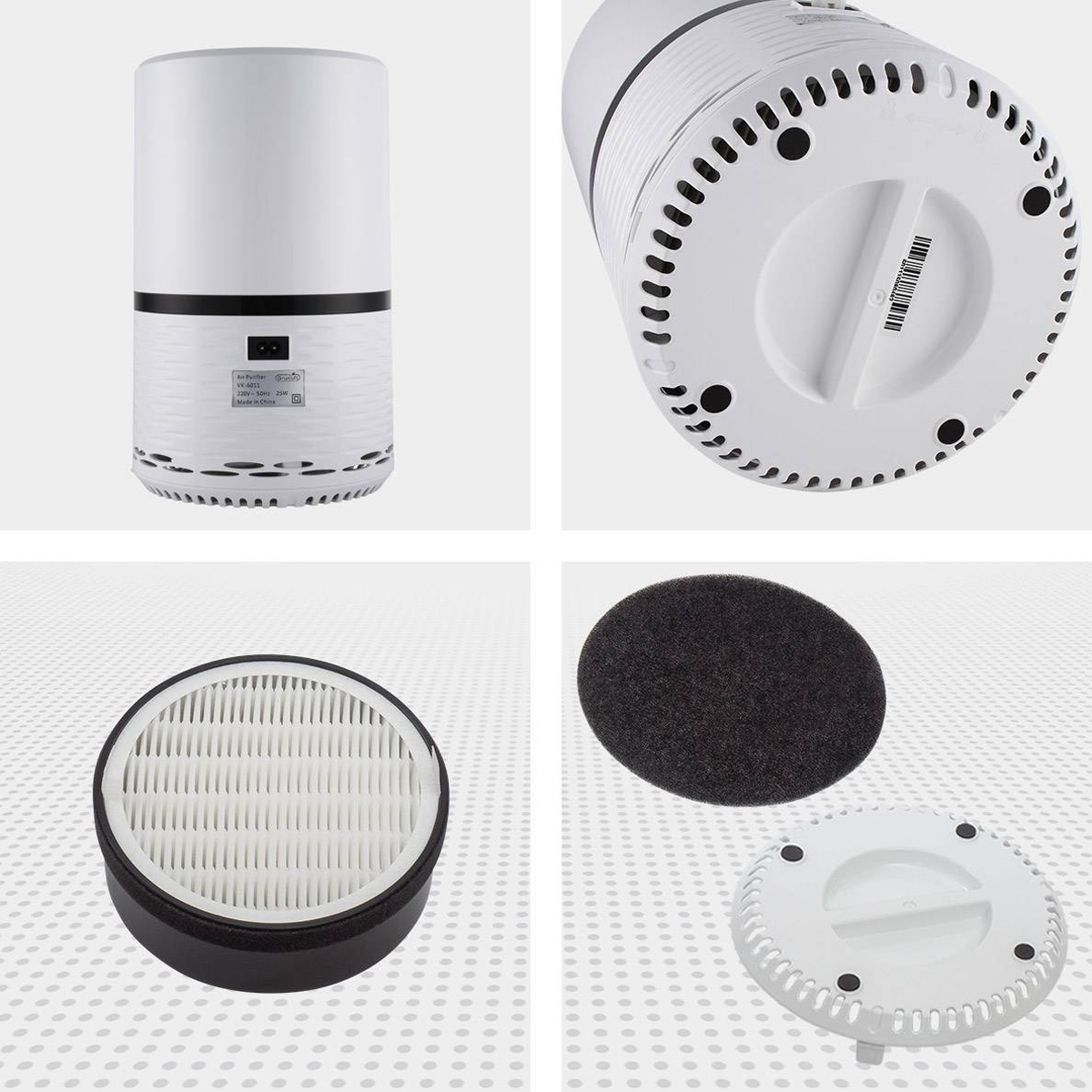 Air purifier disassembled. Parts: top, bottom, filter. White body, black accents.
