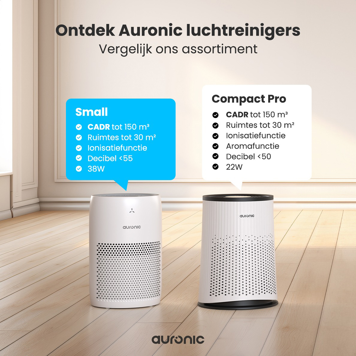 Two air purifiers with text bubbles comparing features. Text reads 'Ontdek Auronic luchtreinigers'.