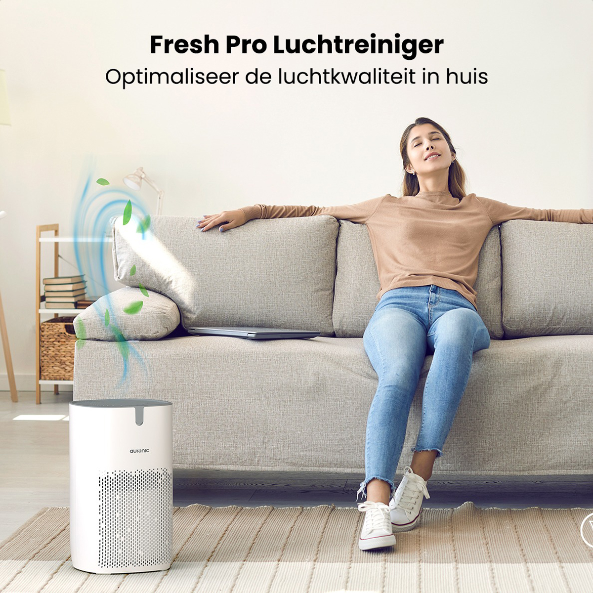 Woman relaxing on a sofa with an air purifier on the floor. Text above says 'Fresh Pro Air Purifier'.