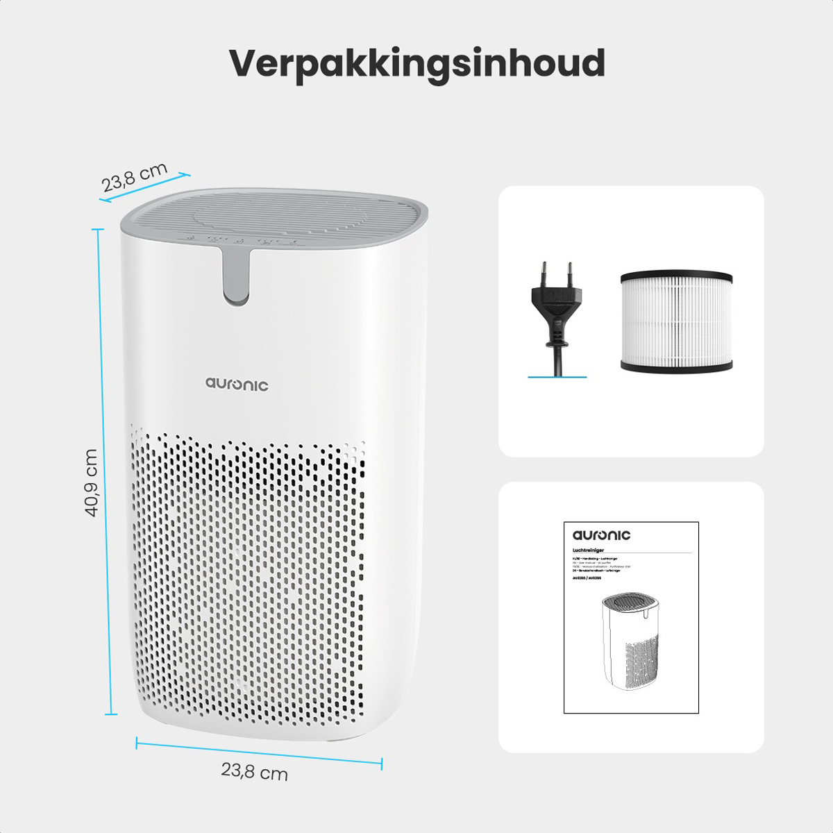White air purifier with dimensions, a power cable, and a filter.