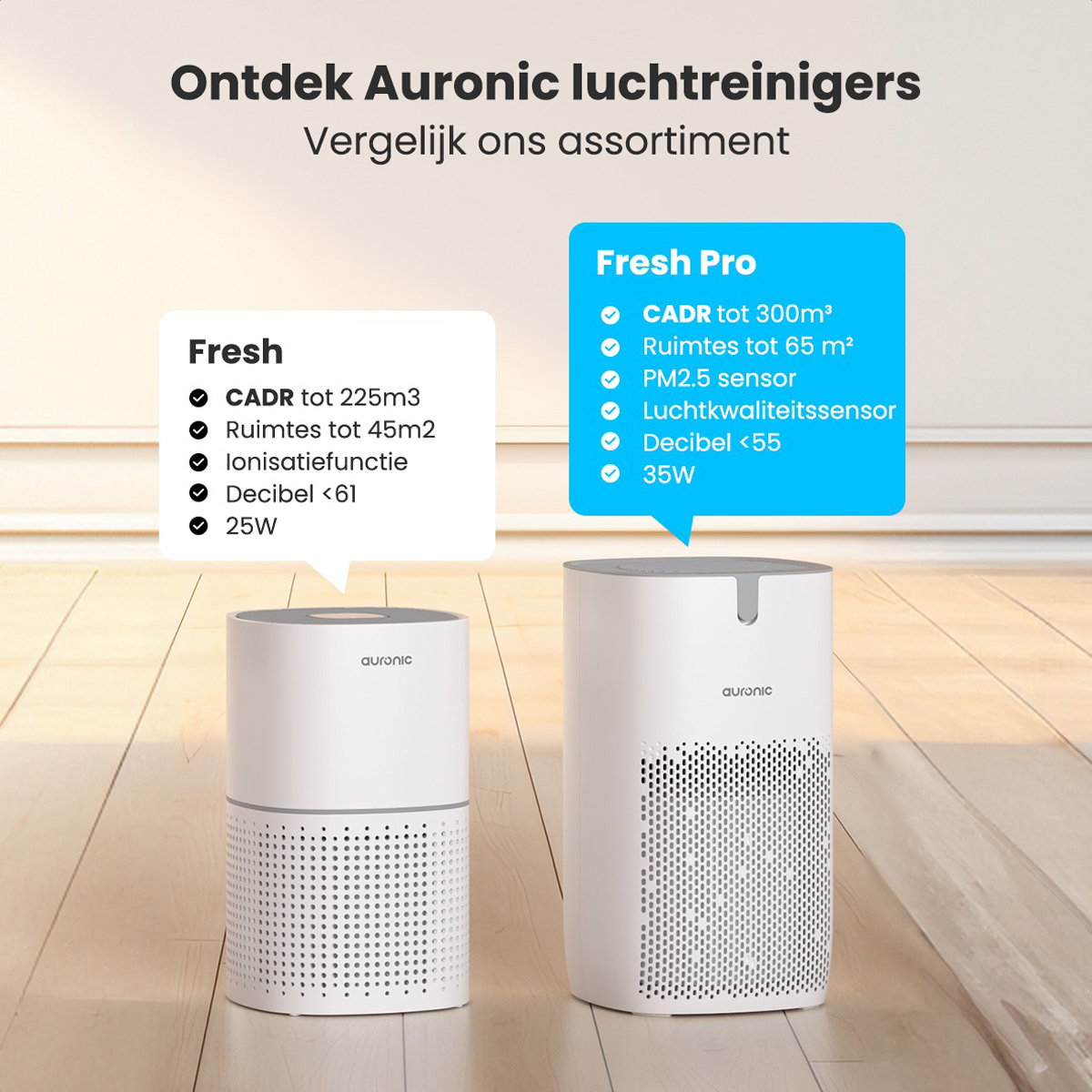 Two white air purifiers with specifications on the left and right, comparing Fresh and Fresh Pro.