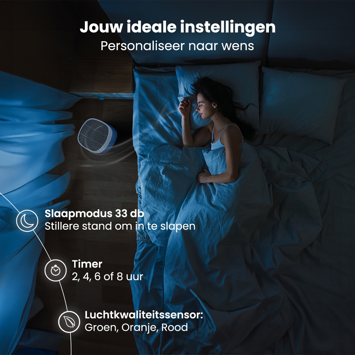 Woman sleeping in bed with an air purifier nearby. The light is dim. Text about sleep mode and timer.
