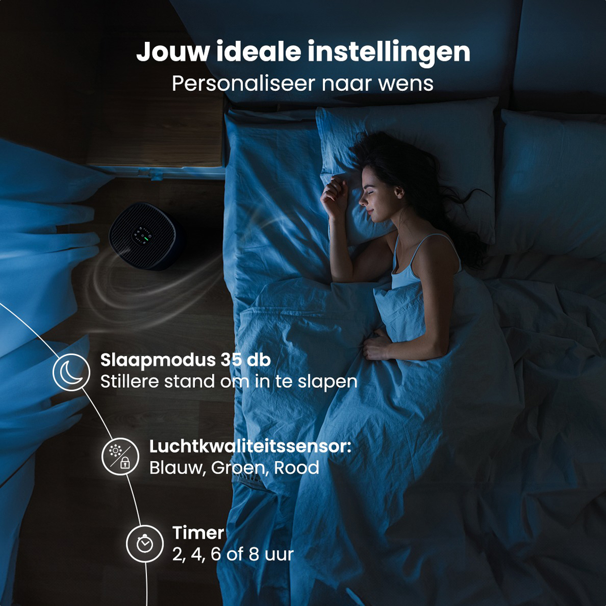 A woman sleeping in bed. An air purifier and text about sleep mode and a timer are shown.