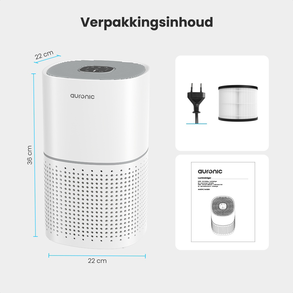 An air purifier with dimensions and a diagram of a filter, power plug, and user manual.