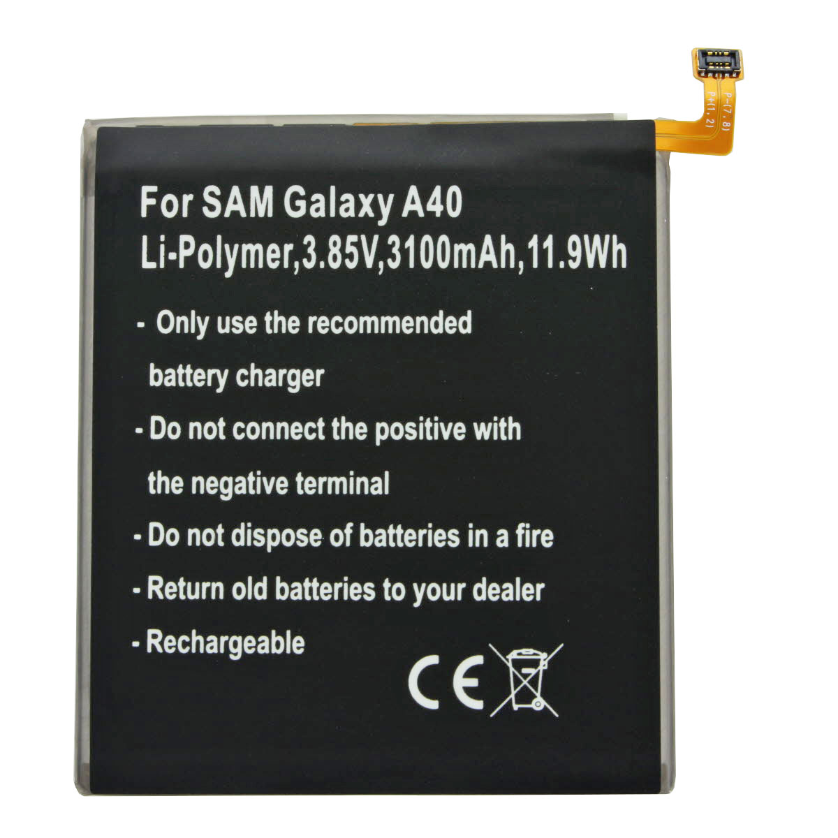 Schwarzer Akku mit Text: Für SAM Galaxy A40. Warnungen und Anweisungen sind ebenfalls vorhanden.