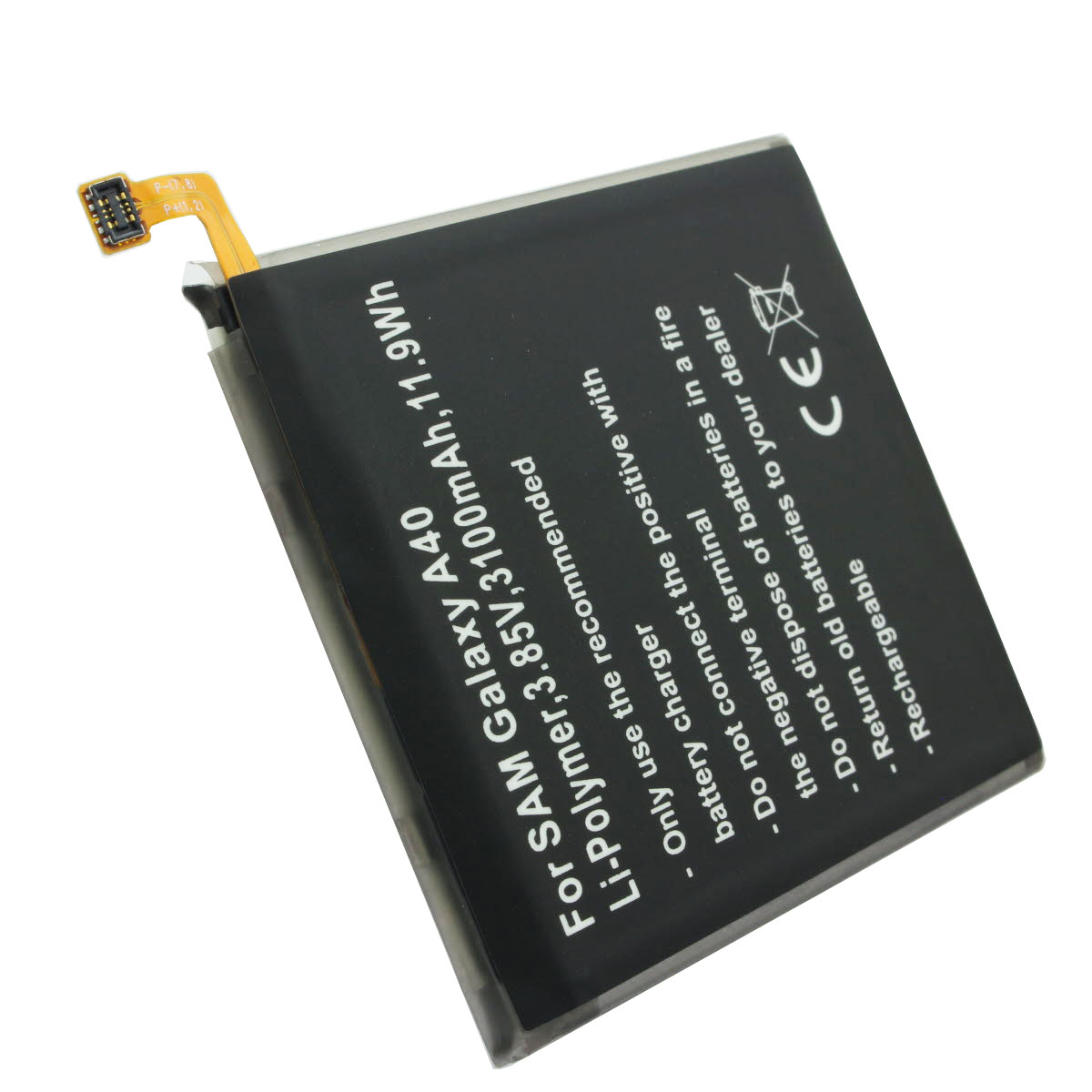 Schwarzer Samsung Galaxy A40 Akku mit Text: Li-Polymer 3,85V 100mAh 11,9Wh.