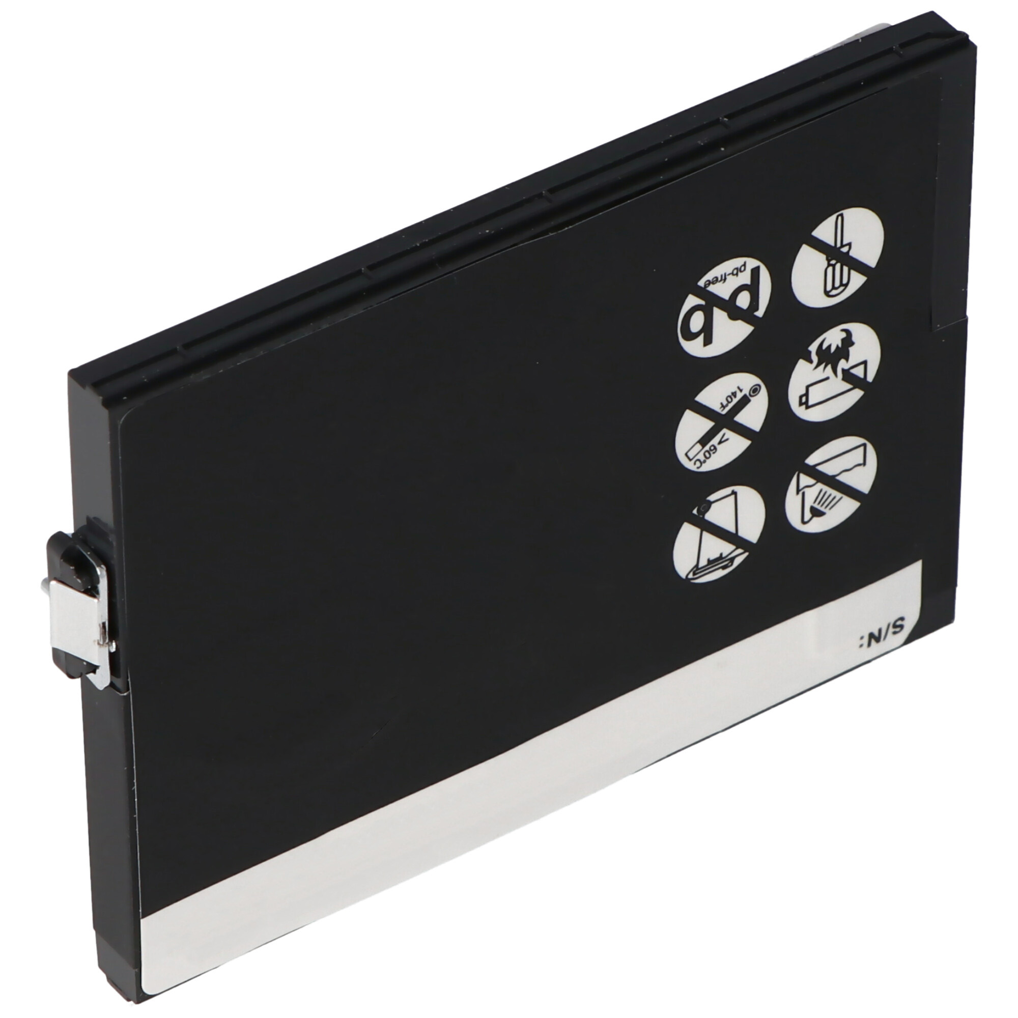 Schwarze Batterie mit Sicherheitssymbolen. Symbole umfassen: kein Kurzschluss, kein Zerdrücken, bleifrei und andere.