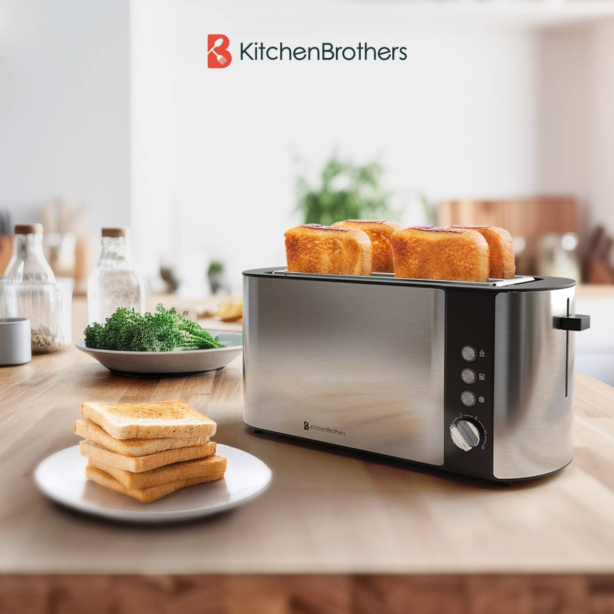 A silver toaster with four slices of toast, with plates of bread and greens on a table.