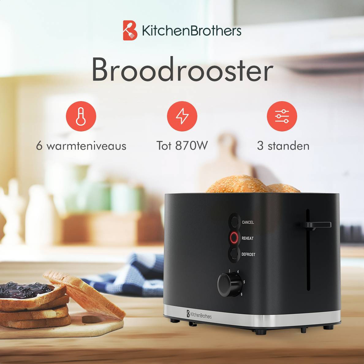 Black toaster with features and a toast with jam on the side.