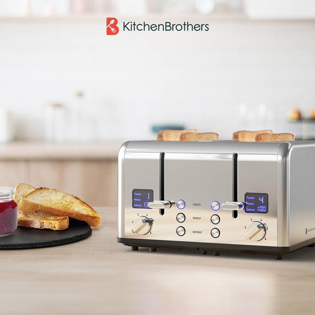 Silver toaster with two slices of toast and jam. Kitchen setting.
