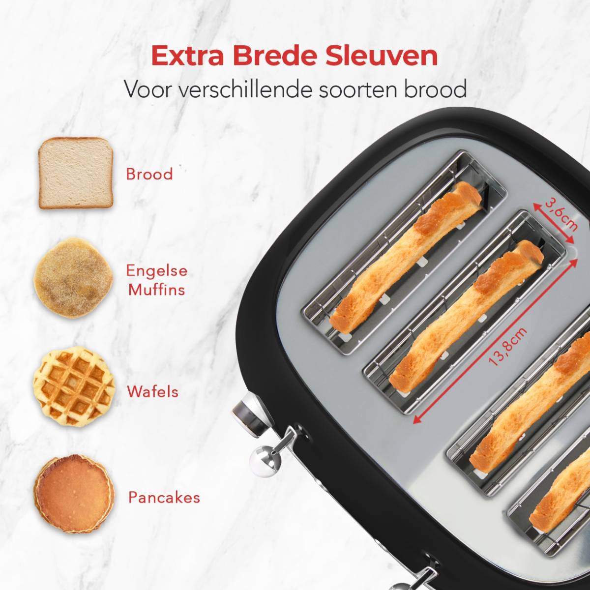 Broodrooster met brood, Engelse muffins, wafels en pannenkoeken, met afmetingen op de sleuven.