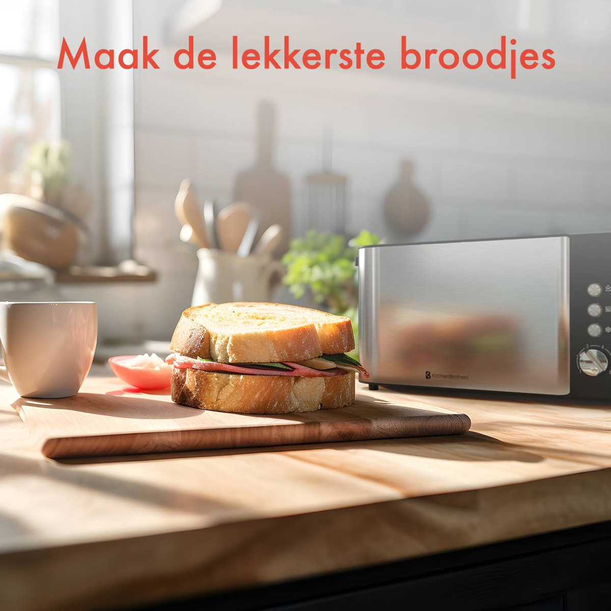 A sandwich on a wooden board next to a toaster. Ingredients include ham and tomato.