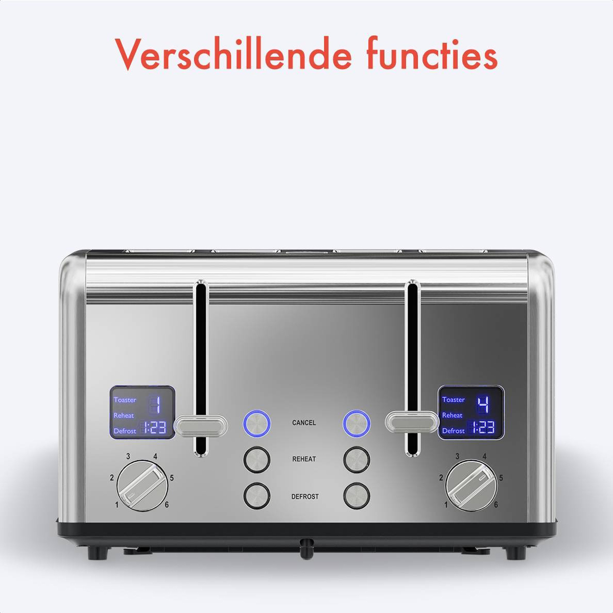 Silver toaster with digital display and buttons. Shows the different functions of the toaster.