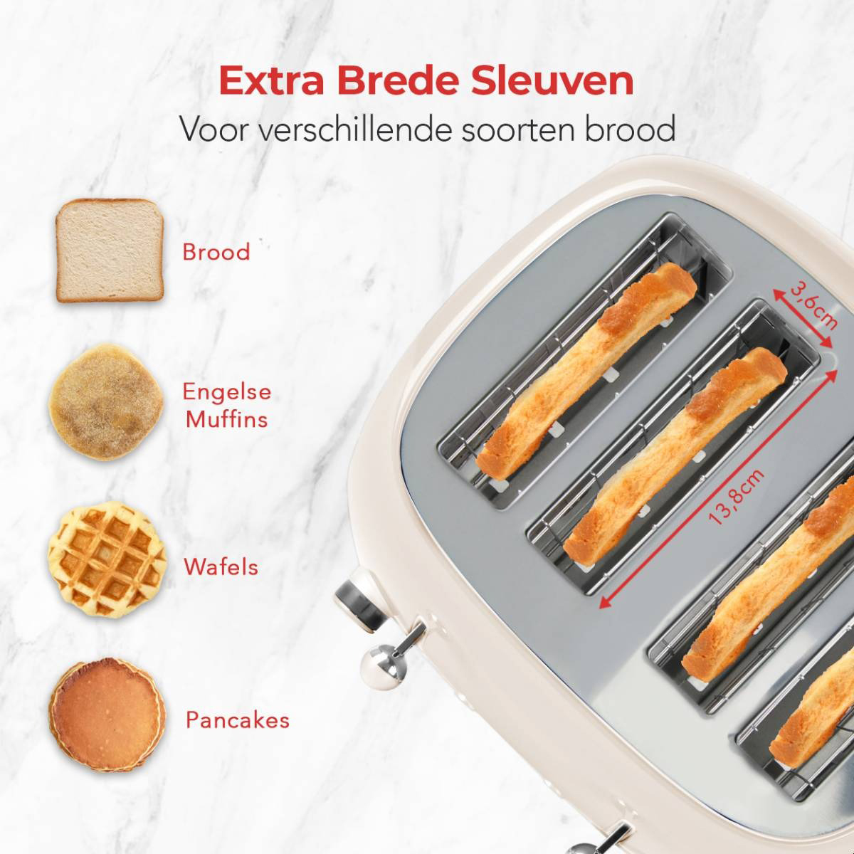 Un grille-pain avec du pain, des muffins, des gaufres et des crêpes. Les dimensions sont étiquetées.