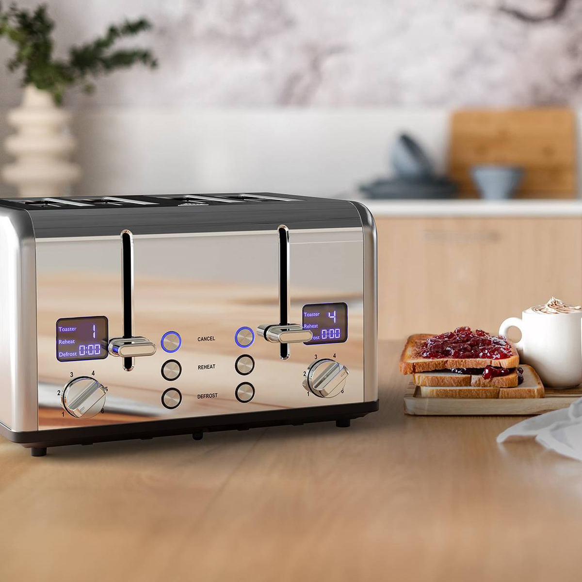 A modern toaster with toast. The numbers are displayed on blue screens. Bread and jam are on the side.