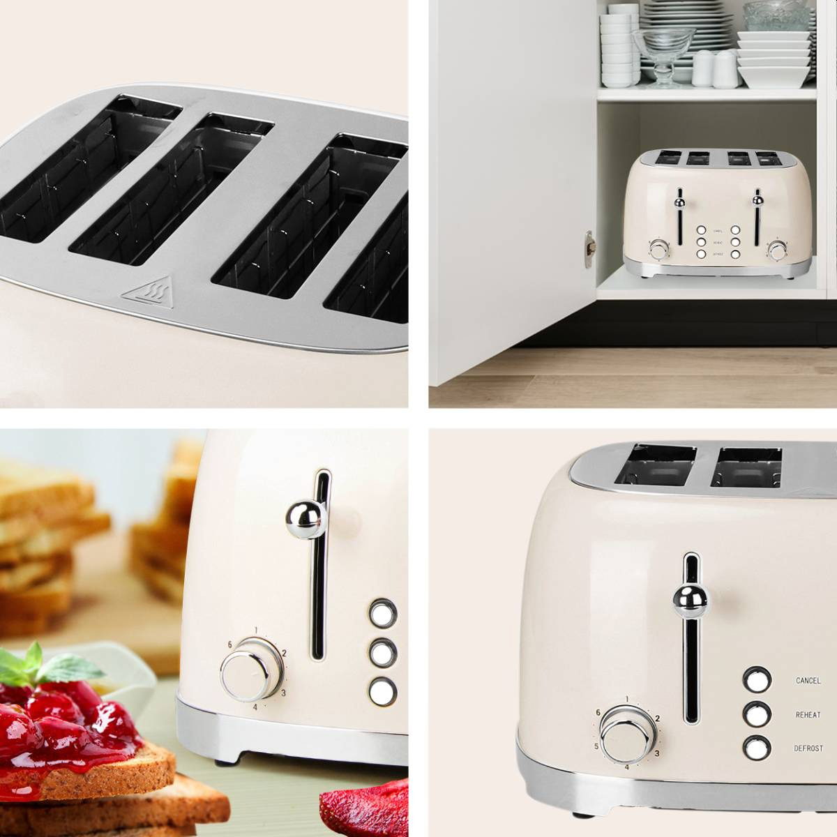Gros plan sur les détails du grille-pain. Un grille-pain dans un placard. Détails de la grille et des boutons de commande.