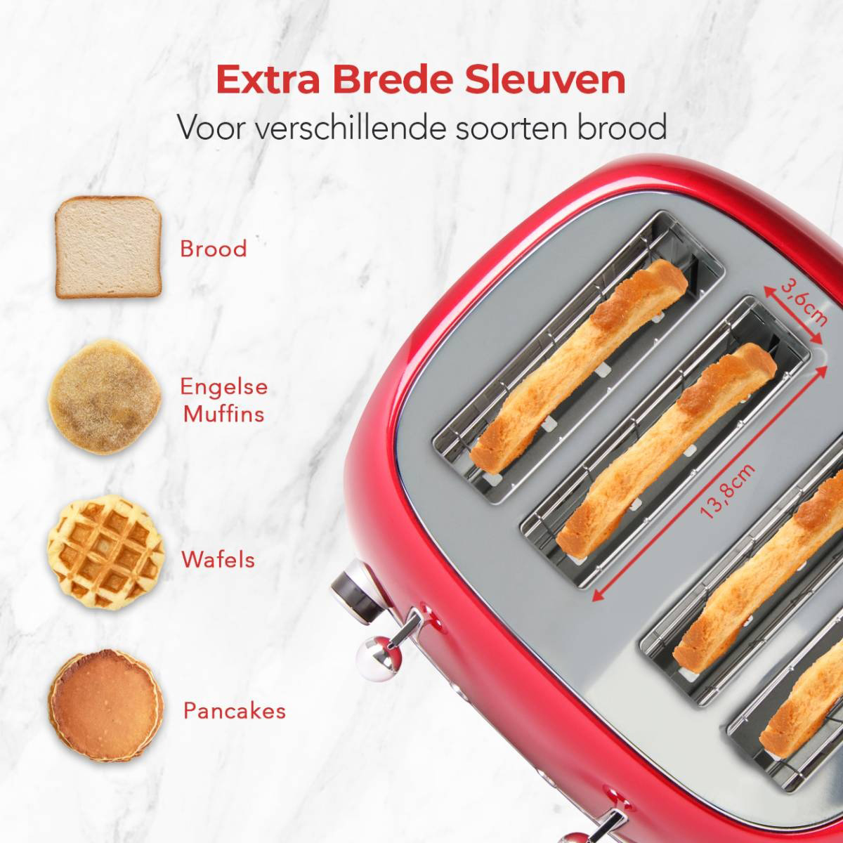 Grille-pain rouge avec texte : Fentes extra larges. Pain, muffins anglais, gaufres et crêpes.