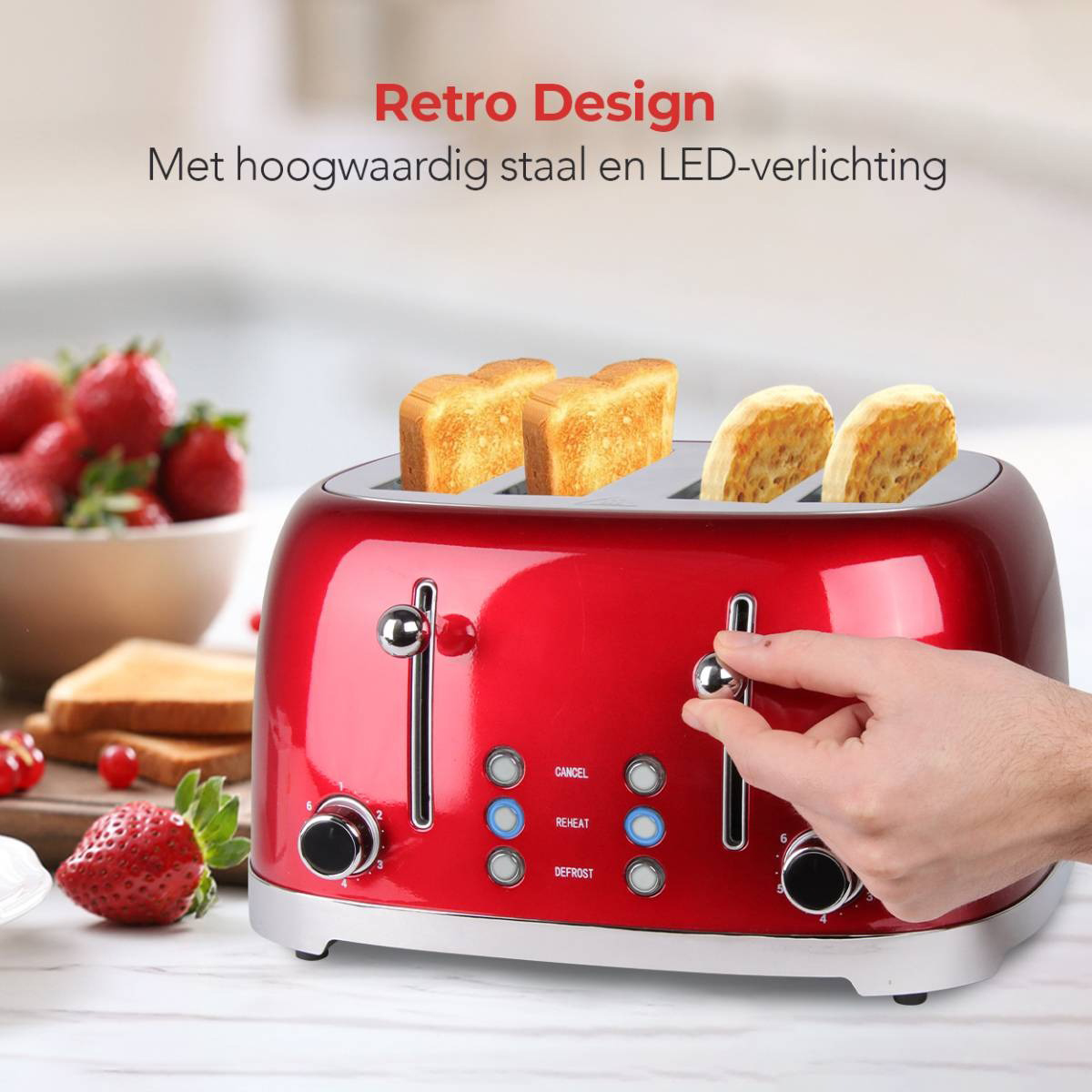 Grille-pain rouge avec toast, main réglant le cadran. Texte : 'Retro Design'.