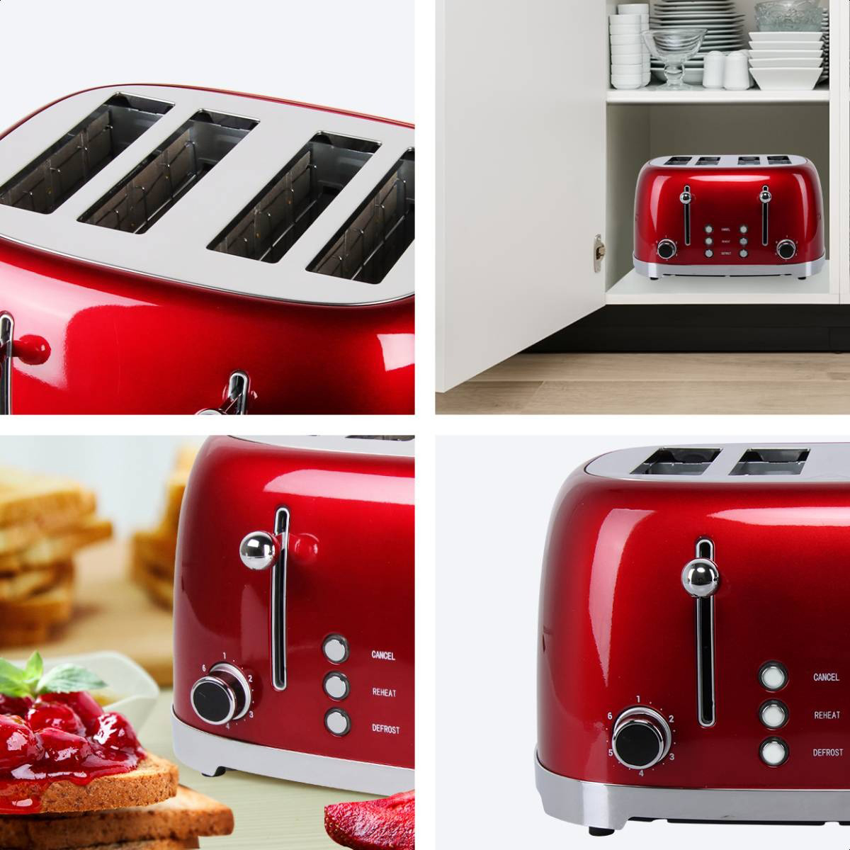 Grille-pain rouge dans une cuisine. Plusieurs vues. Toast et confiture à côté.