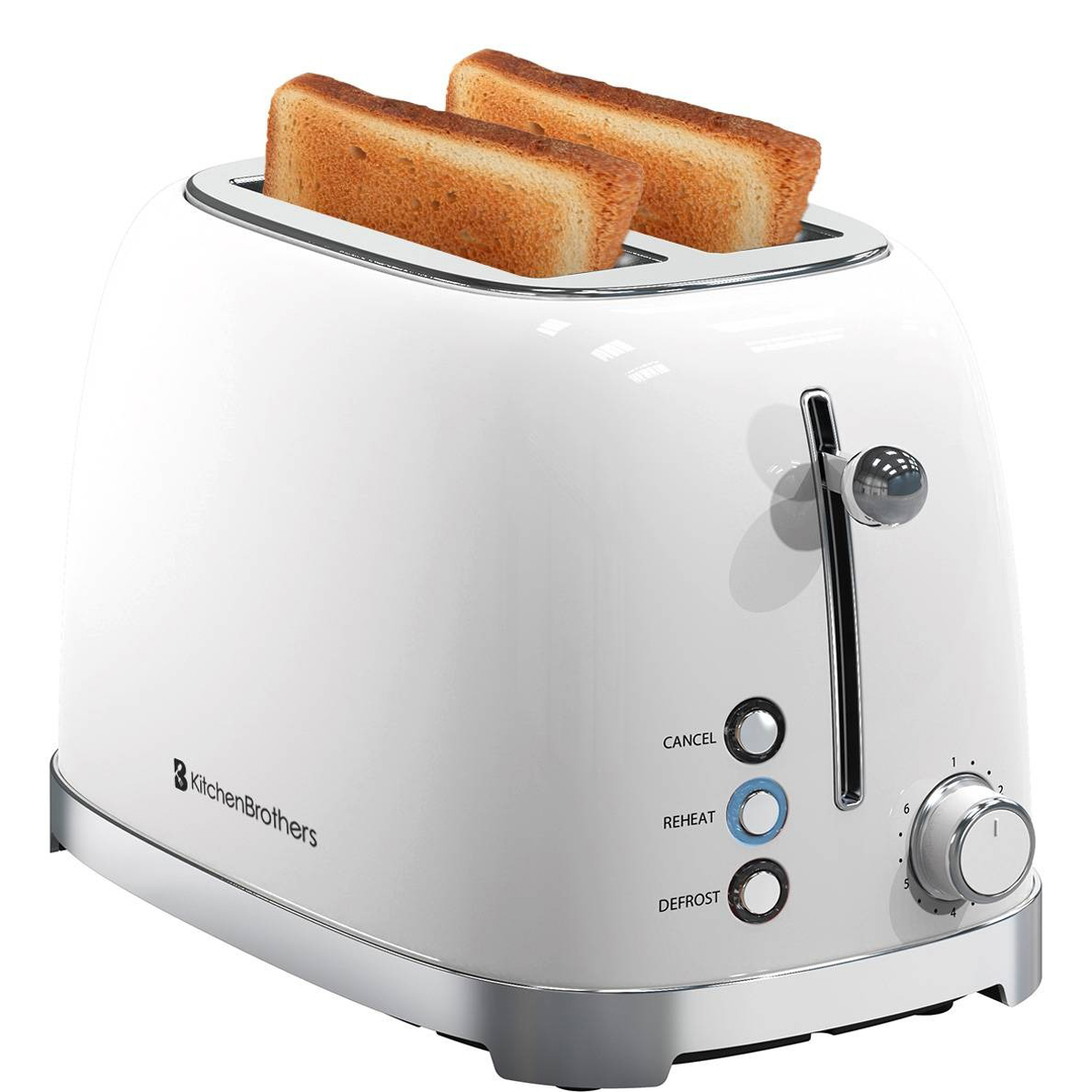 Weißer Toaster mit zwei Toastscheiben. Mit Drehregler, Abbruch-, Aufwärm- und Auftautaste.