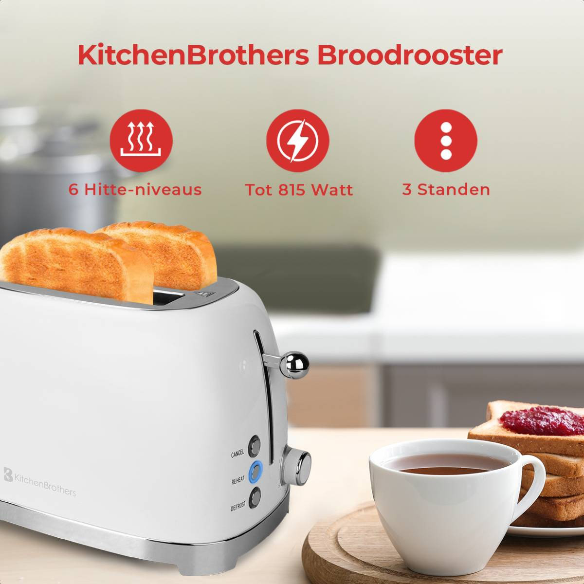 Weißer Toaster mit Toast und Tee. Text: KitchenBrothers, 6 Stufen, 815W.