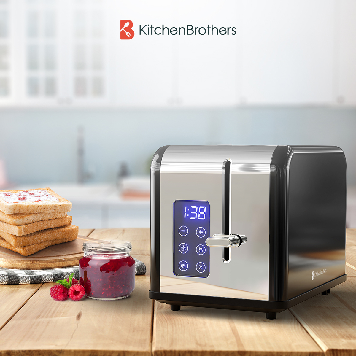Black and silver toaster with a digital display, toast, jam, and raspberries on the counter.