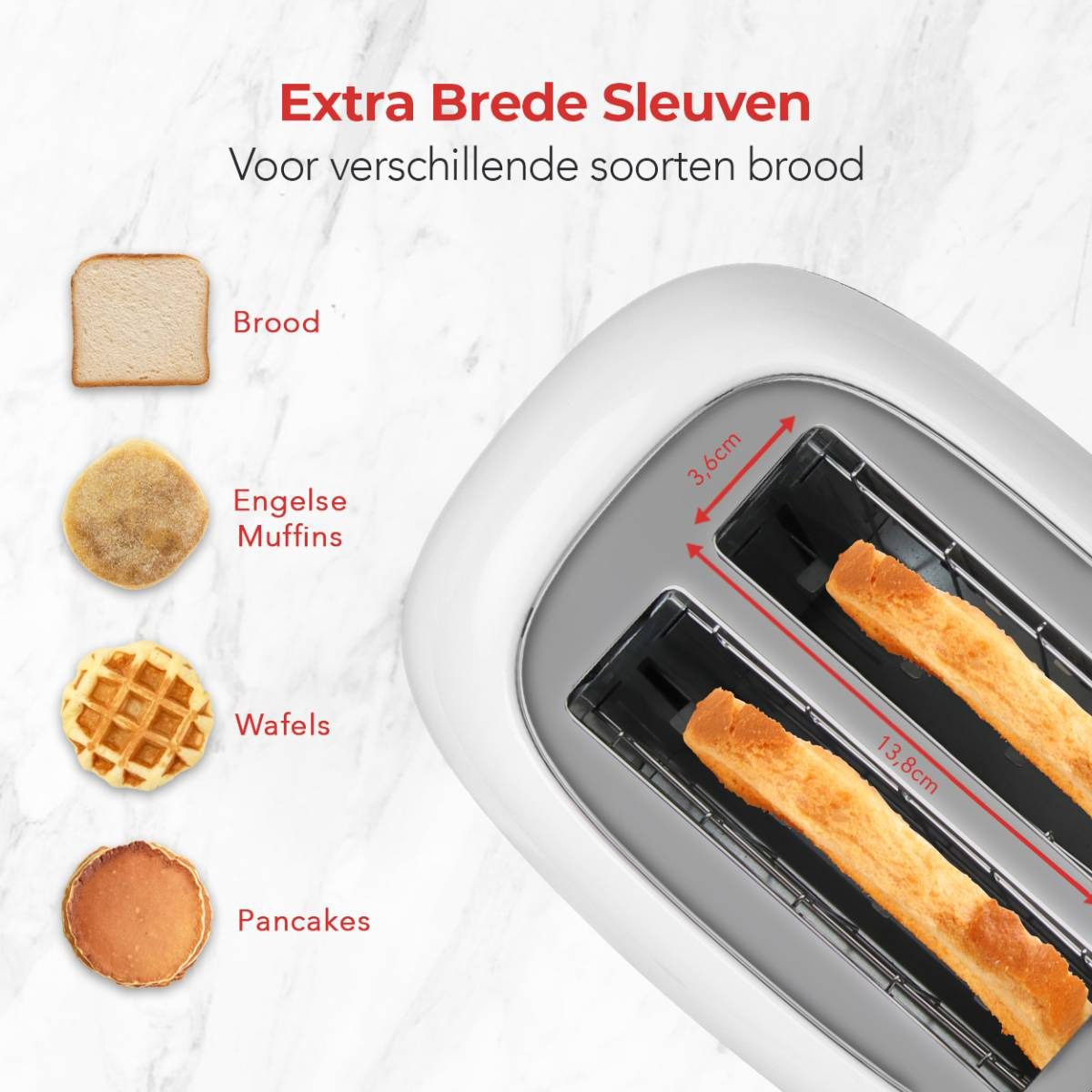 Toaster mit Brot, englischen Muffins, Waffeln und Pfannkuchen. Abmessungen sind dargestellt.