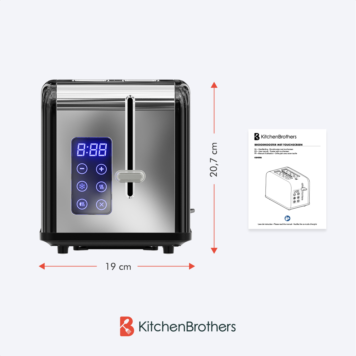 Black and silver toaster with digital display. Dimensions and KitchenBrothers logo.