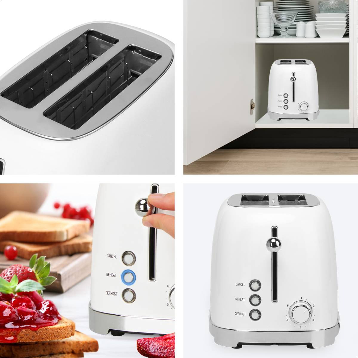 Ein weißer Toaster mit Details wie Krümelschublade und einer Hand, die den Hebel bedient. In einer Küche.