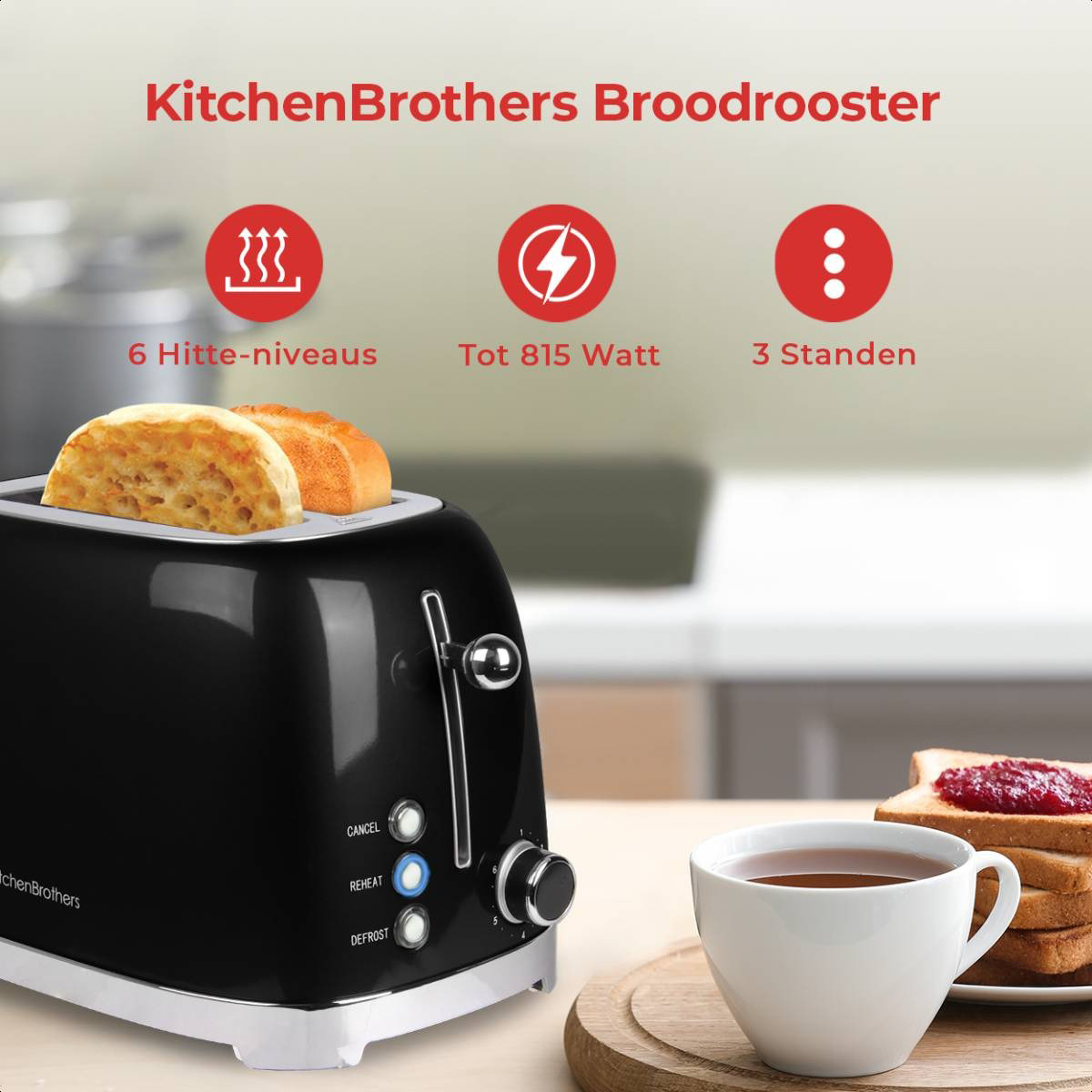 Schwarzer Toaster mit Toast. Textbezeichnungen: 6 Heizstufen, bis zu 815 Watt und 3 Einstellungen. Tasse Tee.