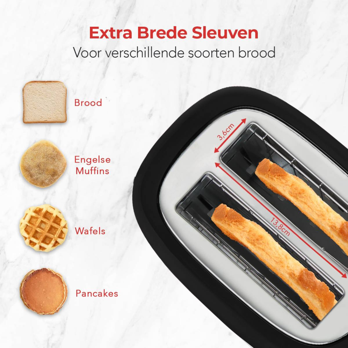 Toaster mit breiten Schlitzen, zeigt Waffel-, Pfannkuchen- und englische Muffins-Optionen zum Toasten.