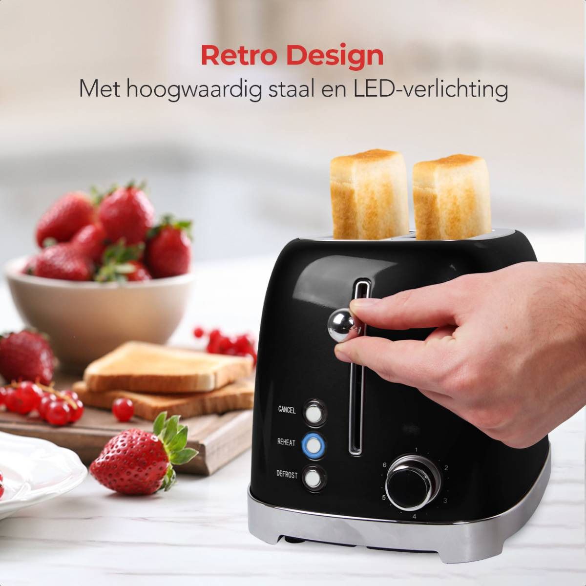 Schwarzer Toaster mit zwei Toastscheiben und einer Hand, die den Hebel verstellt. Text: Retro Design.