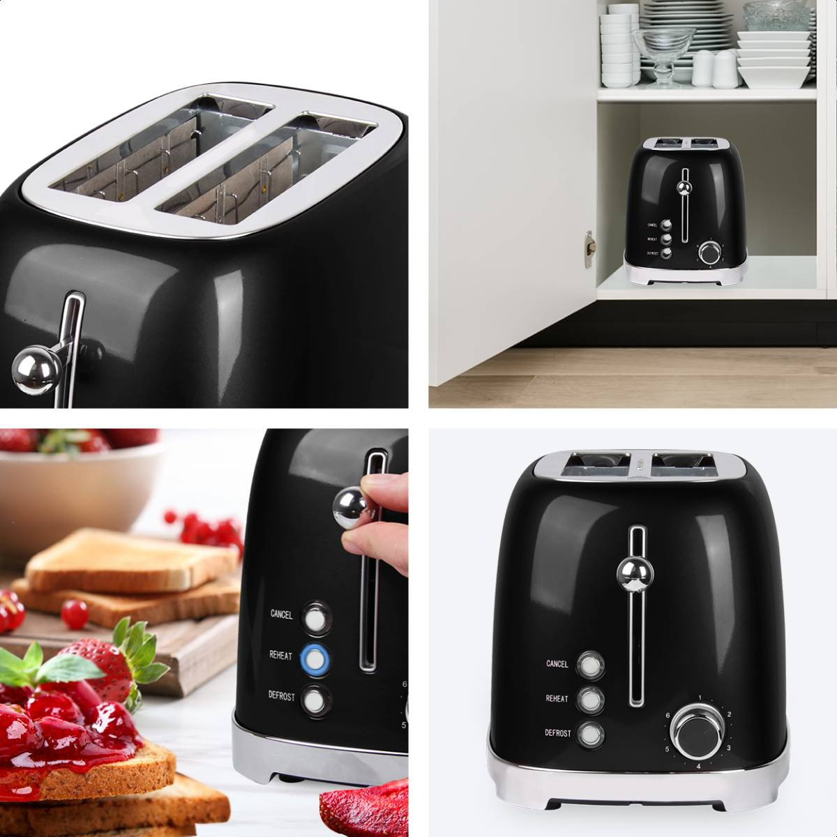 Schwarzer Toaster. Verschiedene Aufnahmen: Detail der Schlitze, in einem Schrank und mit Toast und Marmelade.