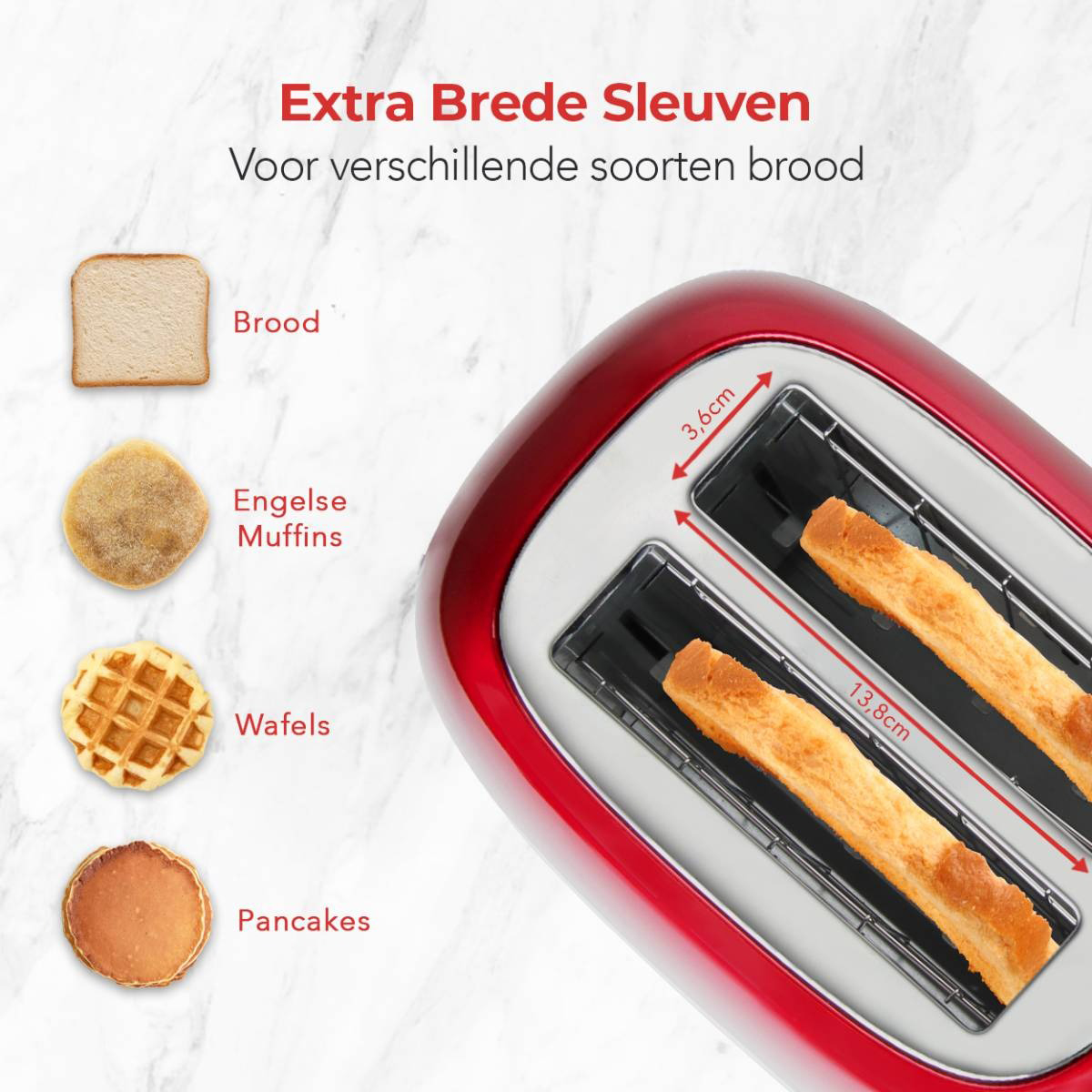 Roter Toaster, Nahaufnahme der Schlitze. Text: 'Extra breite Schlitze'. Brot, etc.