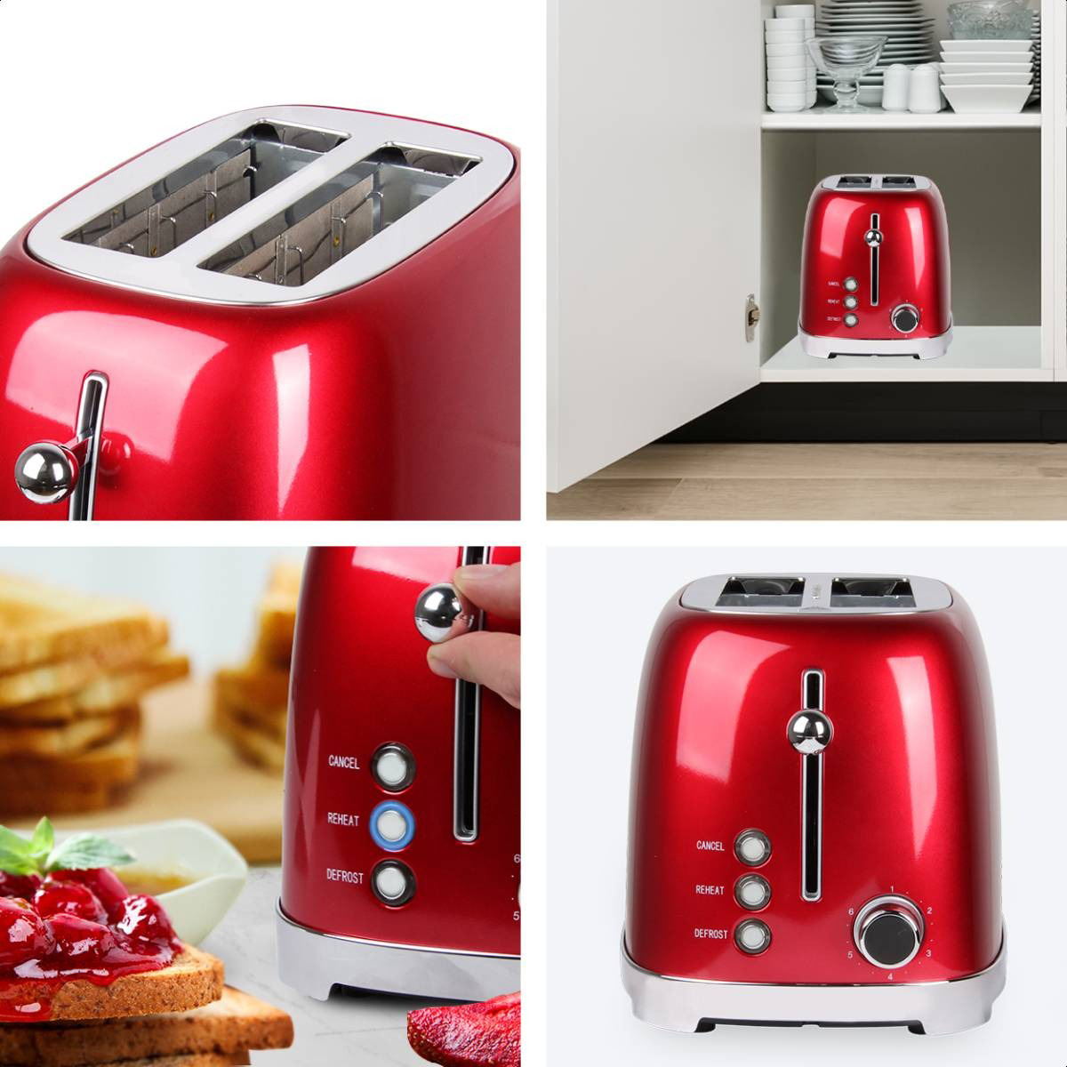 Rote Toaster-Details. Toaster im Schrank. Toasten und Details der Steuertasten. Toast und Marmelade in der Nähe.
