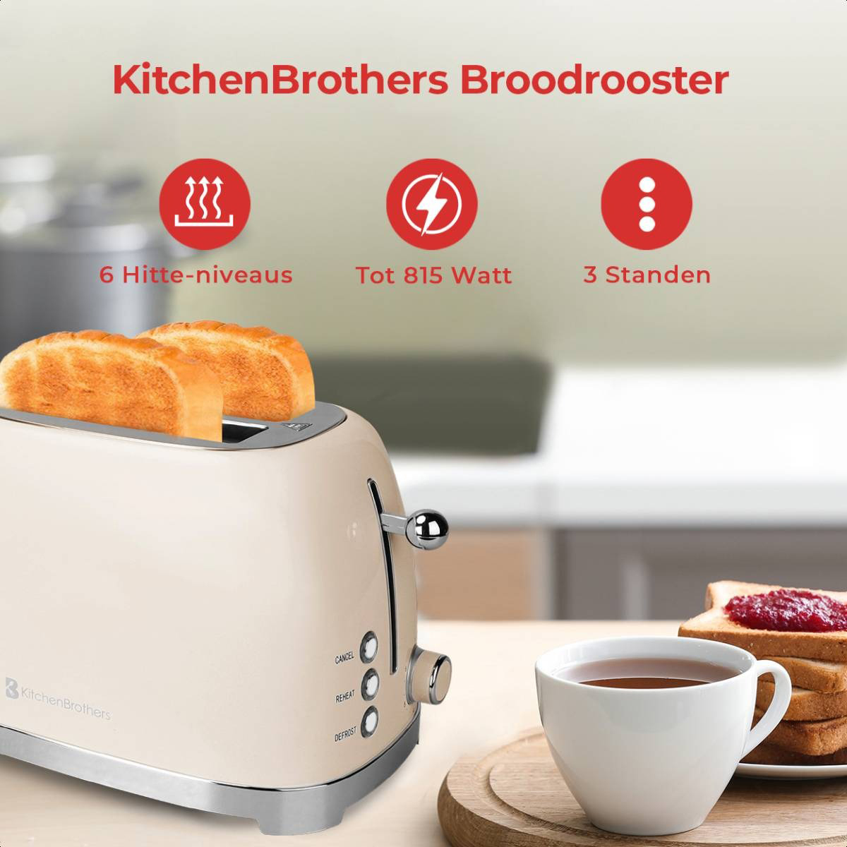 Toaster mit Toast, Tasse Tee und Marmelade mit Toast, was auf Frühstück hindeutet.