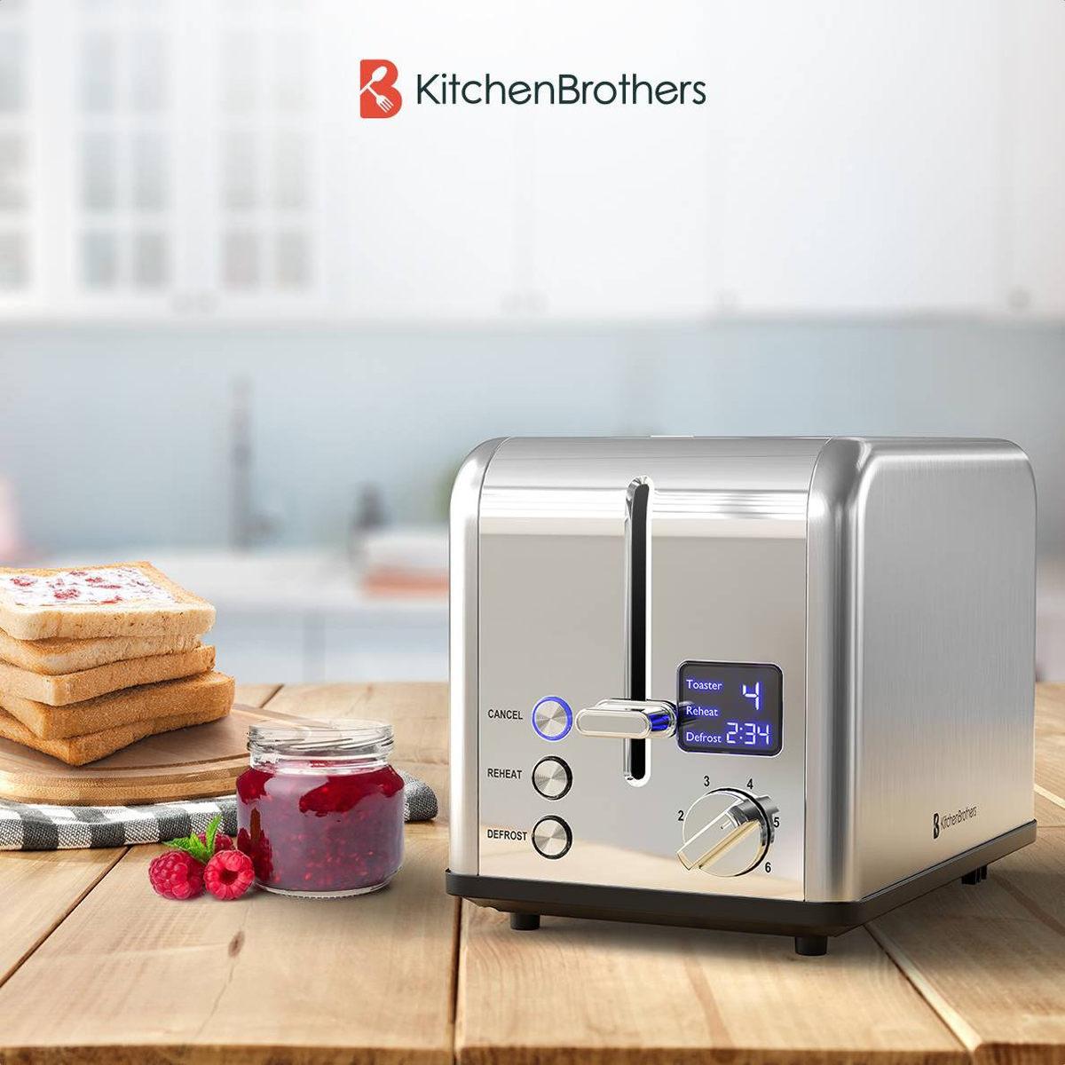 Silver toaster with a digital display. Toast, jam, and raspberries are next to it.