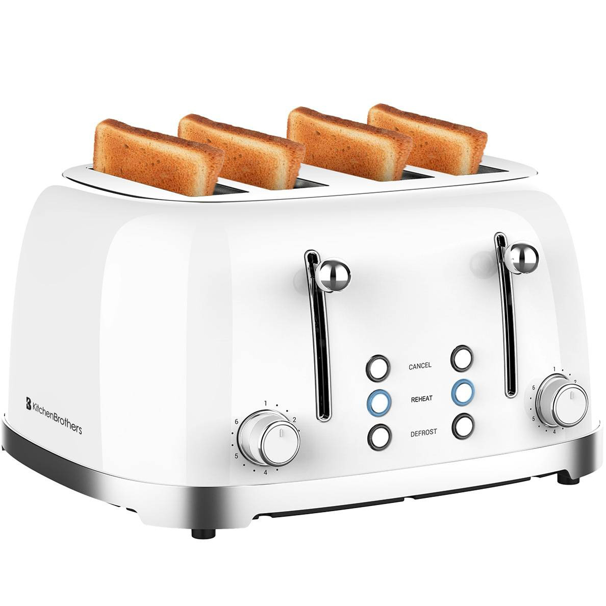 Un grille-pain blanc avec du pain grillé. Il a des détails et des boutons argentés. Le pain est dans les fentes à griller.