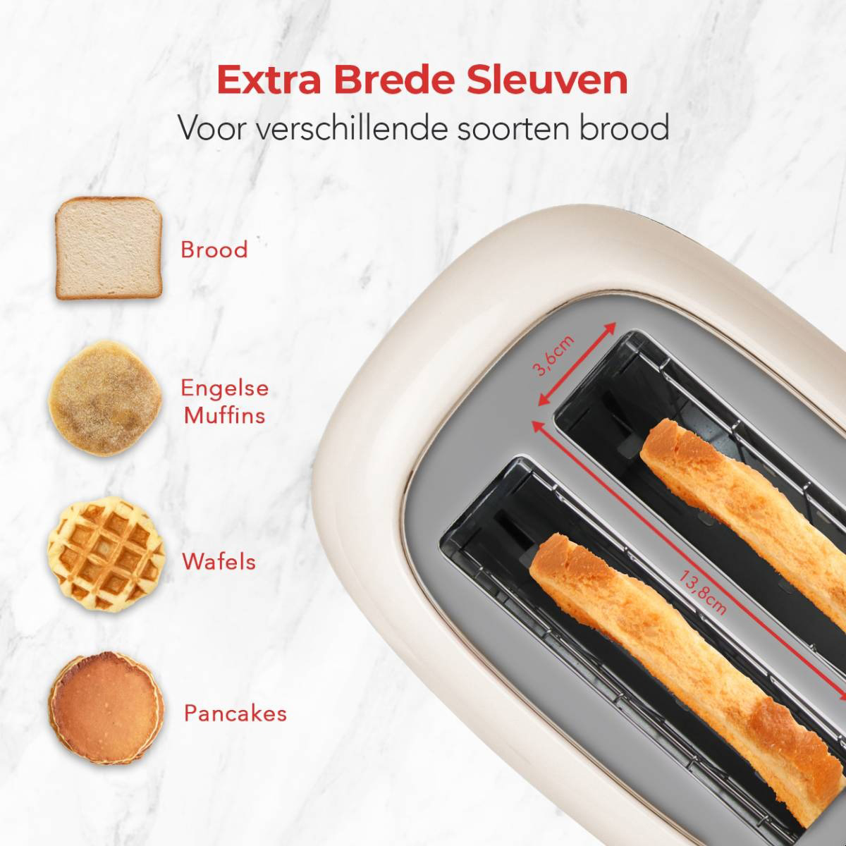 Toaster mit Text: Extra breite Schlitze. Brot, englische Muffins, Waffeln und Pfannkuchen.