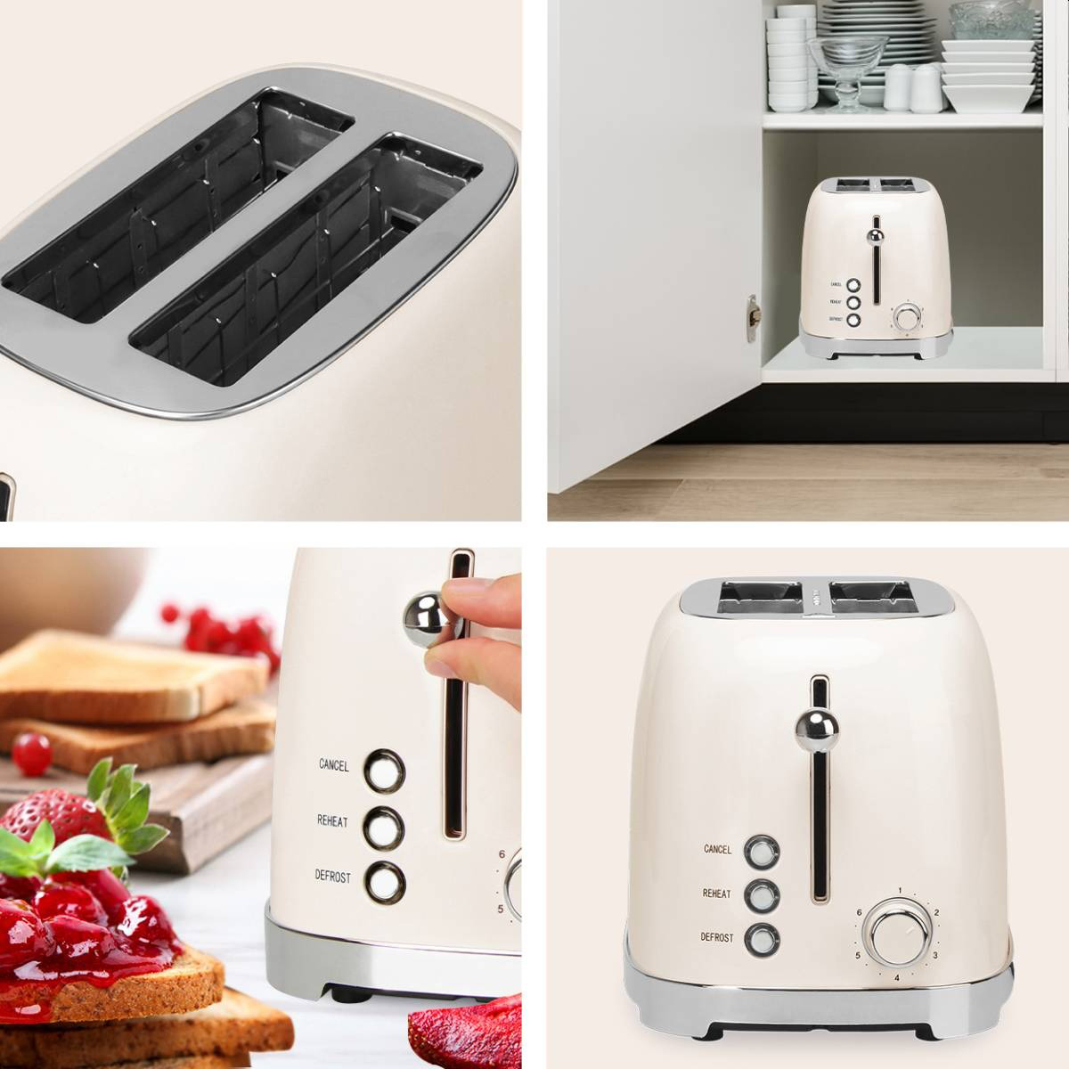 Cremefarbene Toasterdetails. Zeigt Brotschlitze, Innenseite und einen Toaster in einem Schrank.