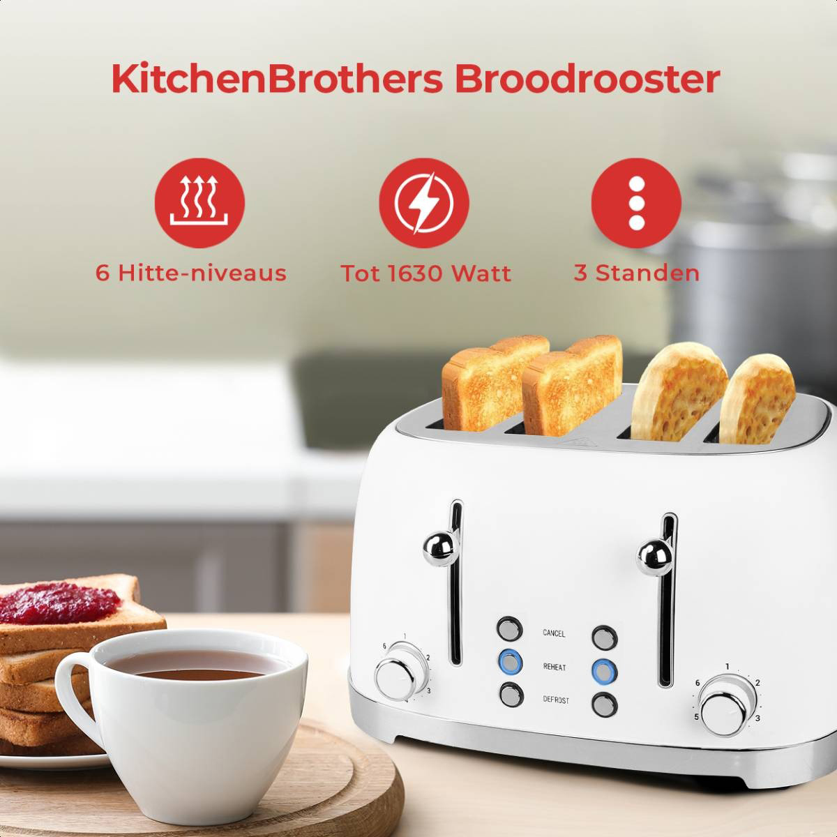 Grille-pain blanc avec pain, tasse et confiture. Texte : 'KitchenBrothers Broodrooster'.