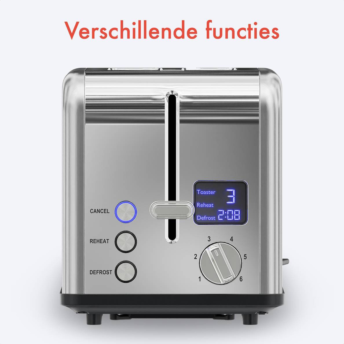 Silver toaster with a digital display. Buttons for cancel, reheat, and defrost.