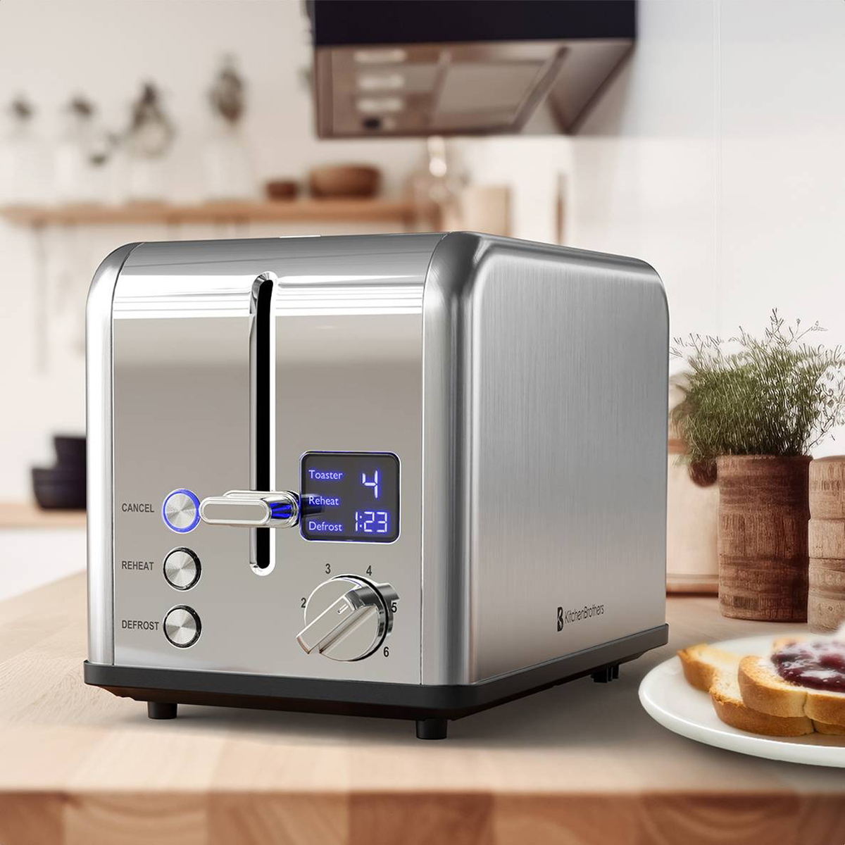 Silver toaster with digital display, settings, and toast with jam on a wooden surface.