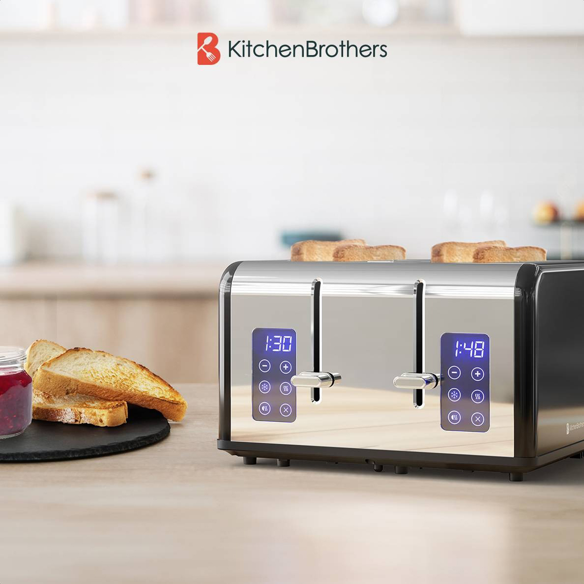 Modern toaster with toast and jam. KitchenBrothers logo in the top-left corner.