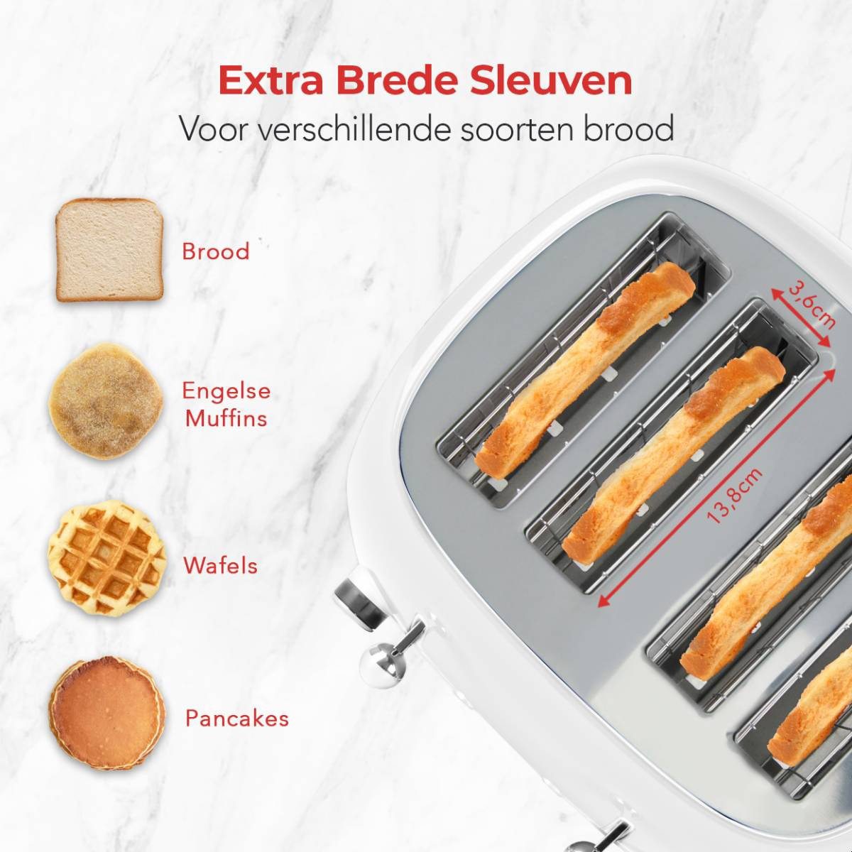 Grille-pain avec pain, muffins anglais, gaufres et crêpes. Dimensions sur les fentes.
