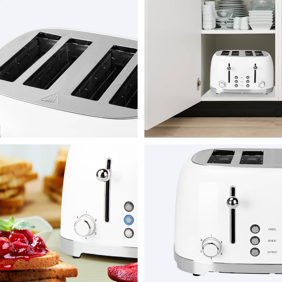 Gros plan sur un grille-pain blanc et ses détails.